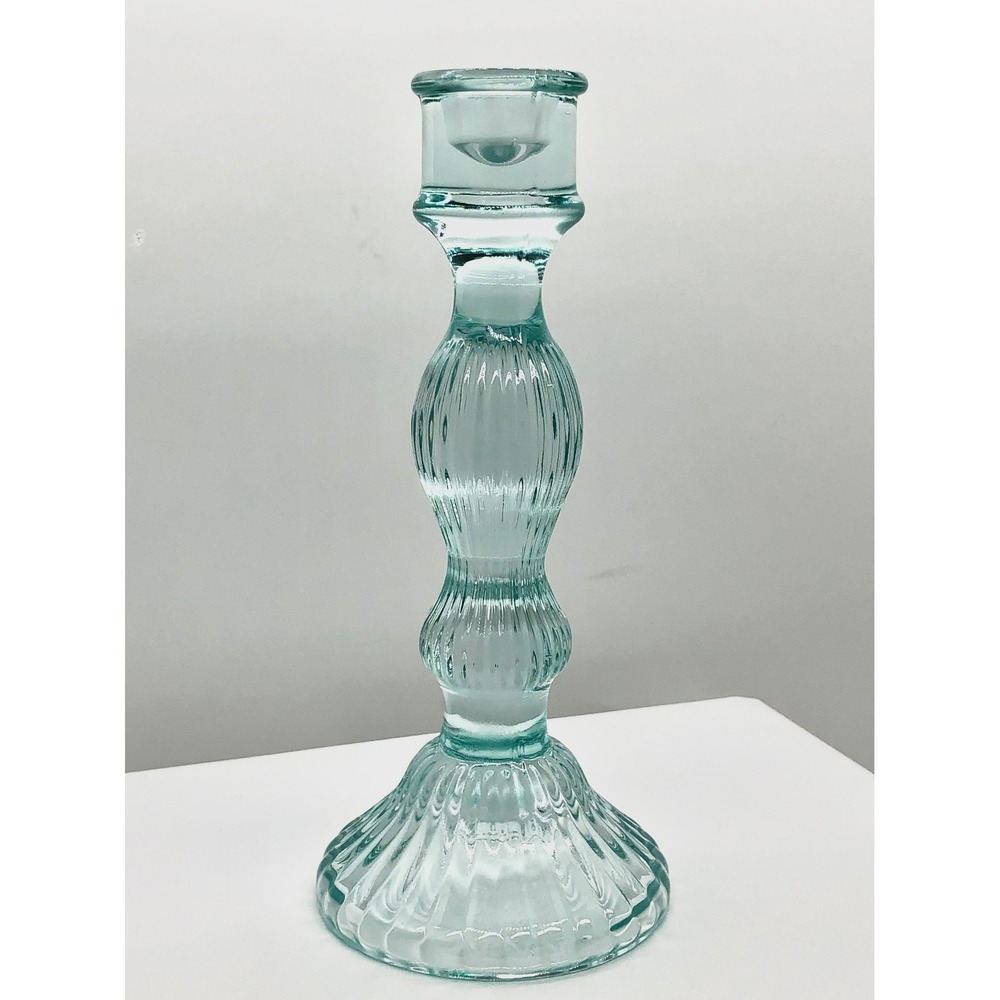 Aqua Blue Ribbed Glass Taper Candlestick Holder Vintage Style 9.75 Inch Coastal - Picture 9 of 10
